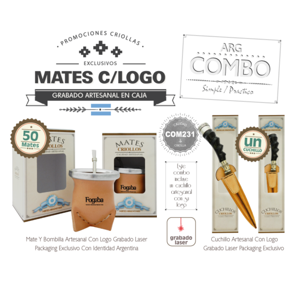 Combo 50 Mates Grabados CBombillaCaja Un Cuchillo De Regalo - Imagen 2