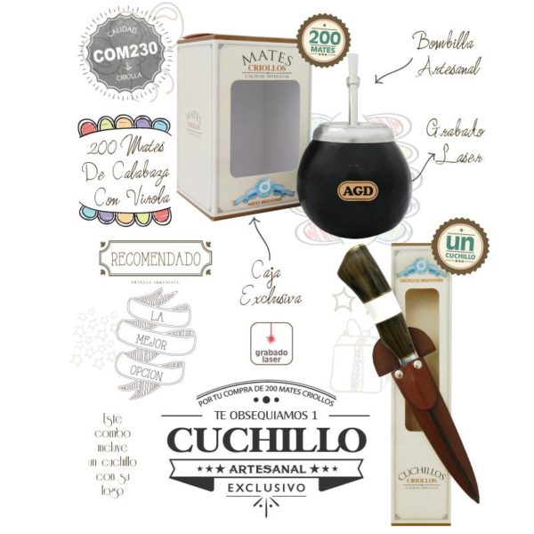 Combo 200 Mates Grabados CBombillaCaja Un Cuchillo De Regalo