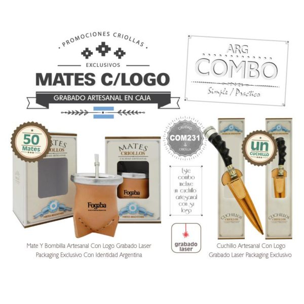 Combo 50 Mates Grabados CBombillaCaja Un Cuchillo De Regalo