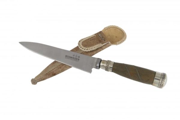 Cuchillo Hoja Acero Inox Schmieden 14 Cm Encabado En Madera Palo Santo Con Copas y Alambre Doble En Alpaca y Vaina De Cuero Crudo